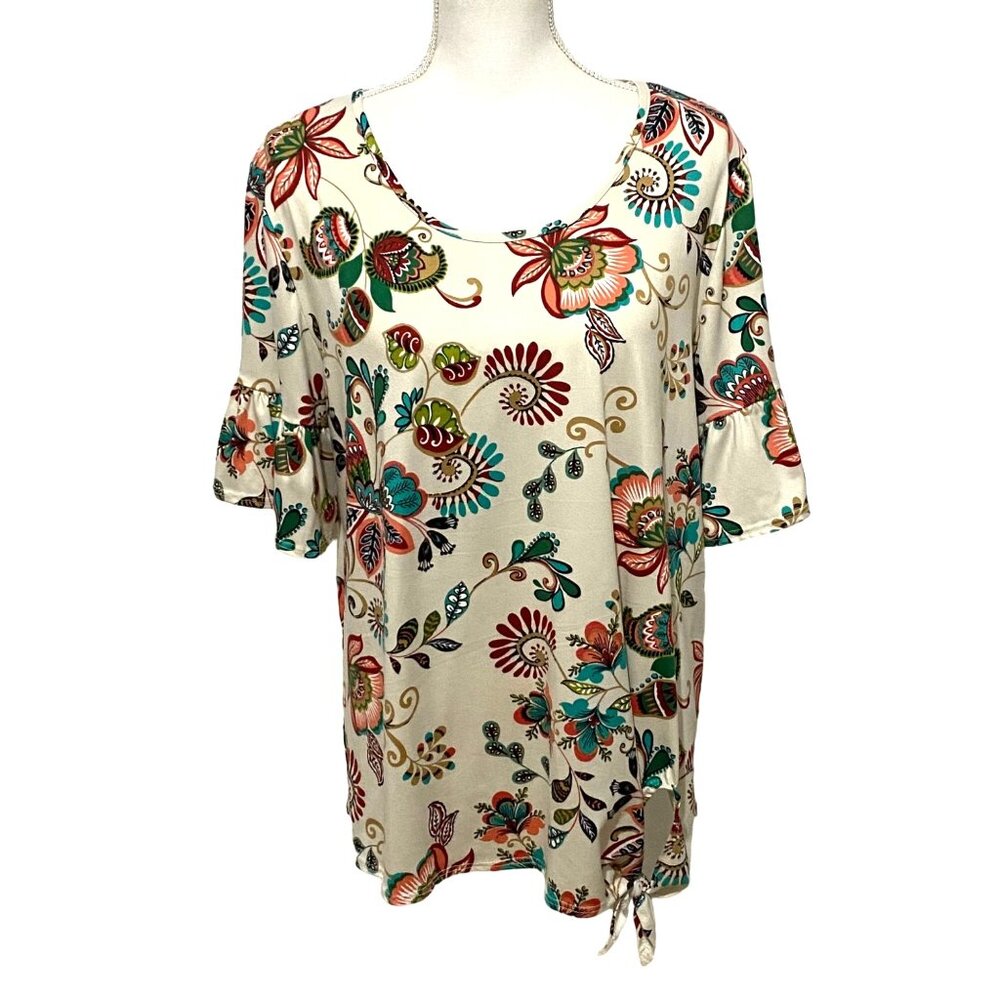 C'est La Vie Women Floral Pullover Top XL Beige Bell Sleeves Flowy Gypsy Paisley